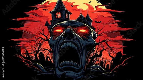 Eerie haunted house scene with a glowing skull, bats flying, and a blood-red moon backdrop photo