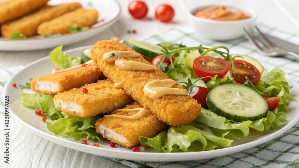 Crispy Breaded Fish Sticks Served on a Fresh Green Salad with Creamy Sauce Crispy Breaded Fish Sticks Served on a Fresh Green Salad with Creamy Sauce
