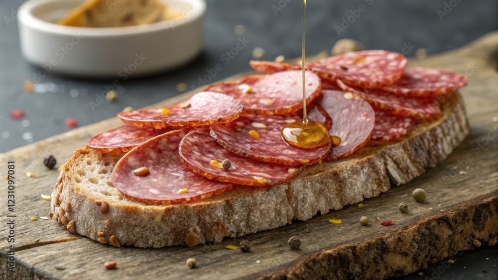 A rustic open-faced sandwich featuring thinly sliced cured sausage, drizzled with honey, and seasoned with peppercorns on a wooden board. A rustic open-faced sandwich featuring thinly sliced cured sausage, drizzled with honey, and seasoned with peppercorns on a wooden board.