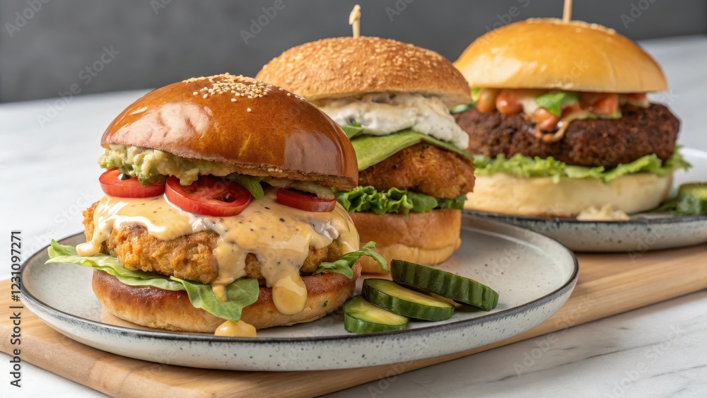 Three Gourmet Burgers with Unique Toppings and Sauces Three Gourmet Burgers with Unique Toppings and Sauces