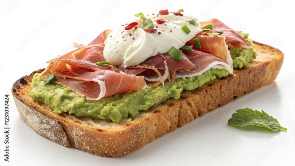 Delicious toasted bread topped with creamy avocado, savory cured ham, and a soft poached egg. Delicious toasted bread topped with creamy avocado, savory cured ham, and a soft poached egg.