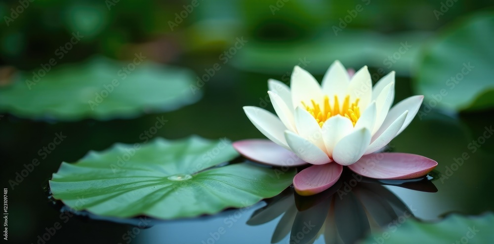 A single white lotus bloom in a shallow pool of water, water, lotus A single white lotus bloom in a shallow pool of water, water, lotus