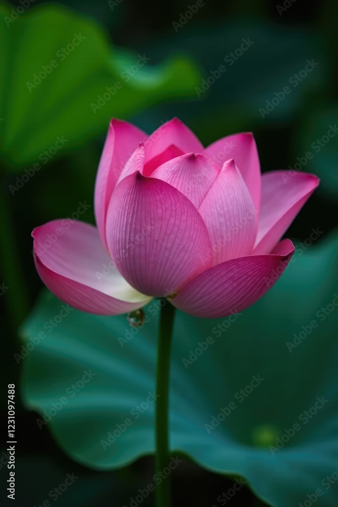 A single water droplet clinging to the stem of a lotus flower, bloom, calm, still life A single water droplet clinging to the stem of a lotus flower, bloom, calm, still life