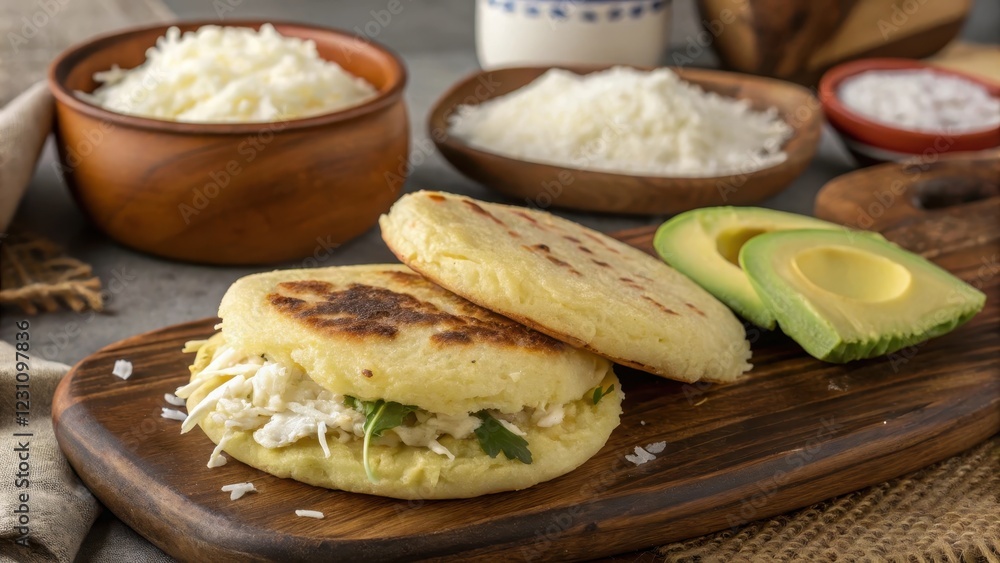 Savory Arepas with Creamy Filling and Avocado Slices on Rustic Wooden Board Savory Arepas with Creamy Filling and Avocado Slices on Rustic Wooden Board