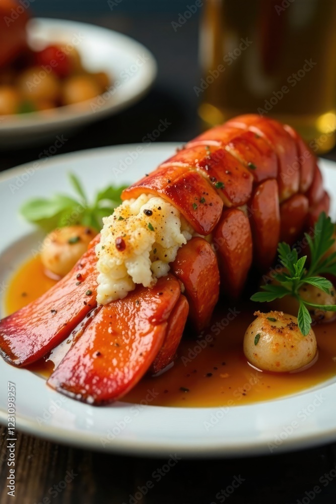 A succulent lobster tail sliced and served on a plate, flavorful, tender A succulent lobster tail sliced and served on a plate, flavorful, tender