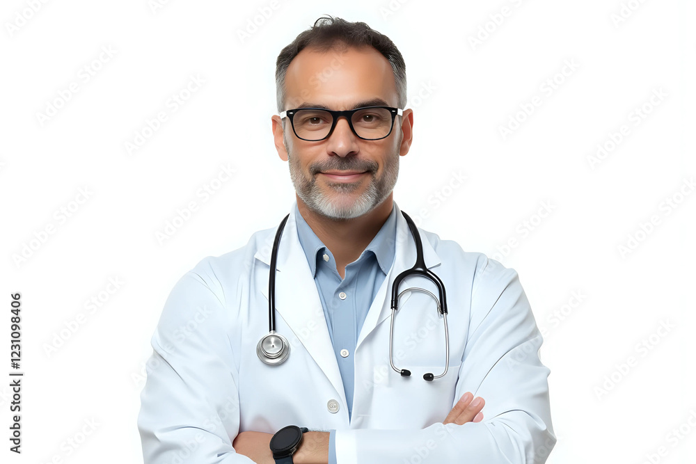 Man portrait of a doctor wearing a white coat and eyeglasses and a stethoscope looking into the camera on a white isolated background, copy space, space for text, health. Man portrait of a doctor wearing a white coat and eyeglasses and a stethoscope looking into the camera on a white isolated background, copy space, space for text, health.