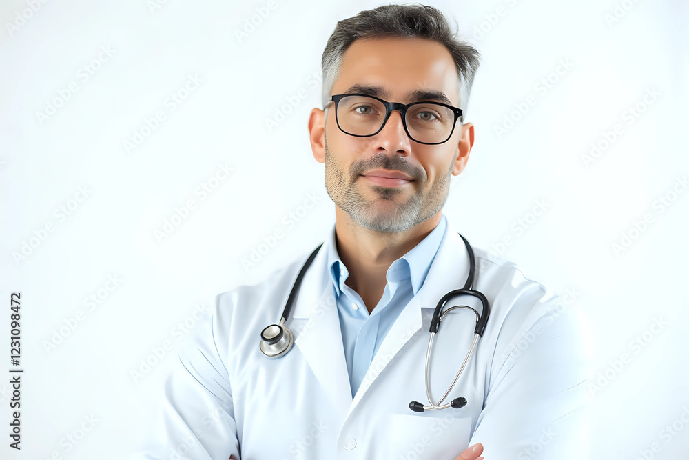 Man portrait of a doctor wearing a white coat and eyeglasses and a stethoscope looking into the camera on a white isolated background, copy space, space for text, health. Man portrait of a doctor wearing a white coat and eyeglasses and a stethoscope looking into the camera on a white isolated background, copy space, space for text, health.