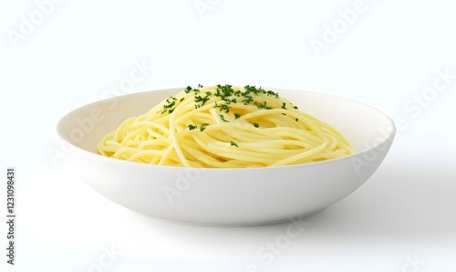 Studio shot of simple pasta dish, garnished with parsley, on white background, for food blogs