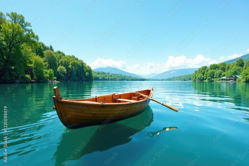 A wooden rowboat glides across the lake under a clear blue sky, lake, sailing A wooden rowboat glides across the lake under a clear blue sky, lake, sailing