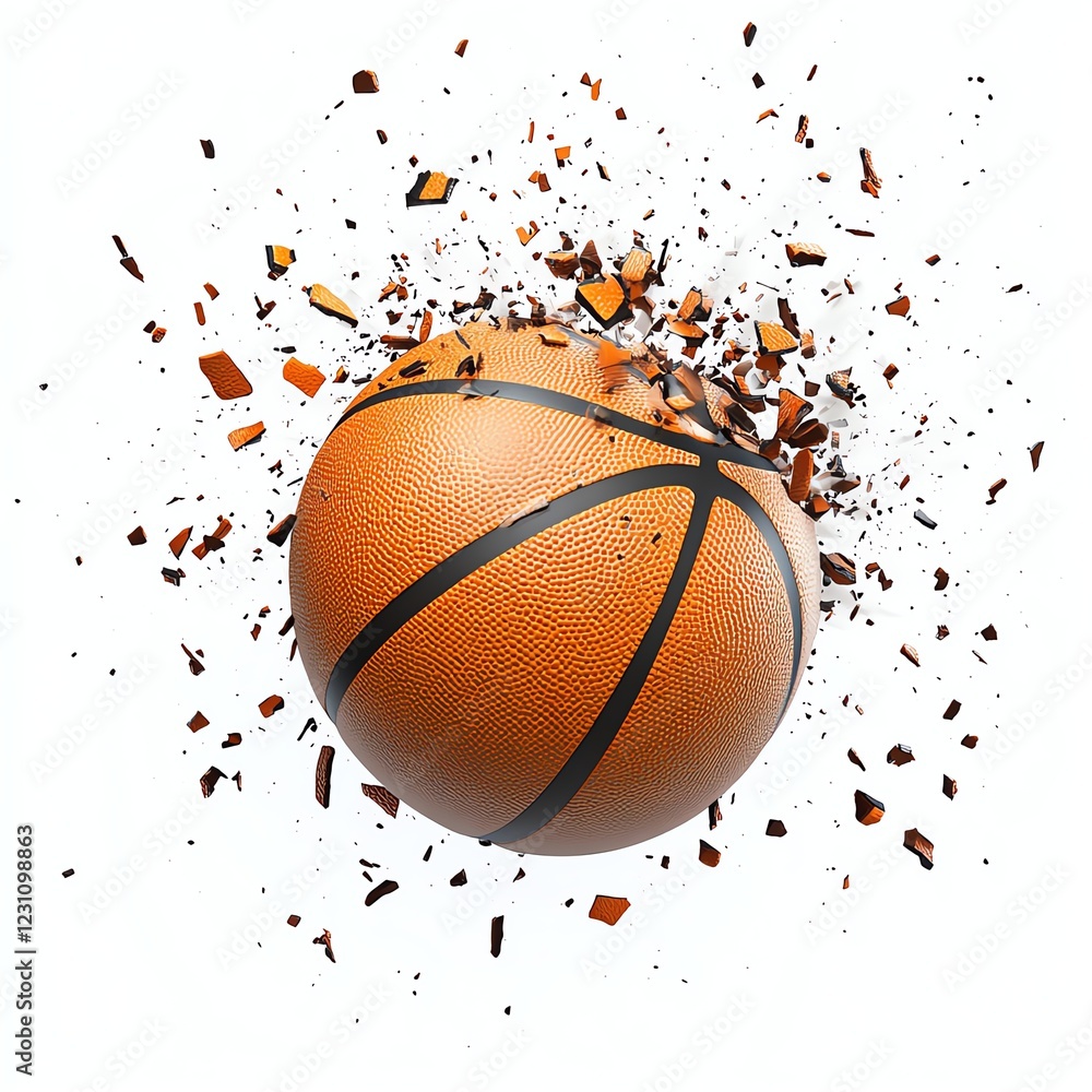 Exploding basketball with fragments, white isolated background Exploding basketball with fragments, white isolated background