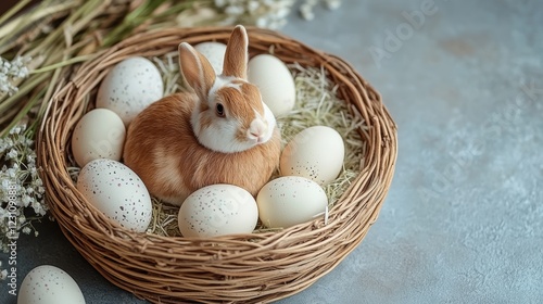 A cute rabbit rests in a woven basket filled with colorful Easter eggs, embodying the spirit of the holiday celebration and joy of springtime. photo