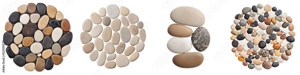 Arrangement of smooth natural stones in calming earthy tones of gray beige and brown displayed on a plain white background The pebbles are carefully composed in a balanced minimalist design Arrangement of smooth natural stones in calming earthy tones of gray beige and brown displayed on a plain white background The pebbles are carefully composed in a balanced minimalist design