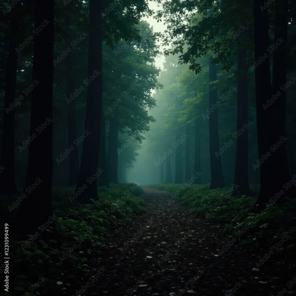 Obraz premium Dark forest foliage with misty atmosphere on black grunge background, dark, darkness, forest