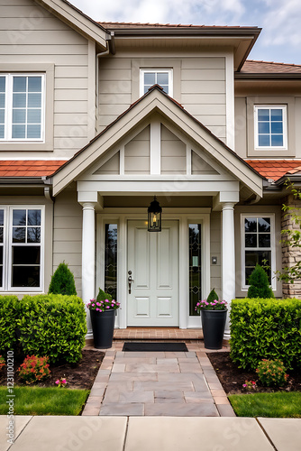 Wallpaper Mural Elegant Home Exterior: Inviting Entrance with Landscaping and Stone Pathway.  A picture of a beautiful house exterior with a well-manicured lawn and pathway. Torontodigital.ca