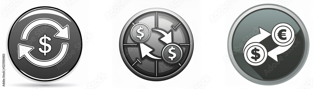 Three circular icons depict currency exchange: dollar recycling, dollar conversion, and dollar-euro exchange. Three circular icons depict currency exchange: dollar recycling, dollar conversion, and dollar-euro exchange.