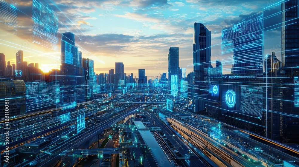 Obraz premium Futuristic Cityscape with Skyscrapers and Digital Overlay at Sunset