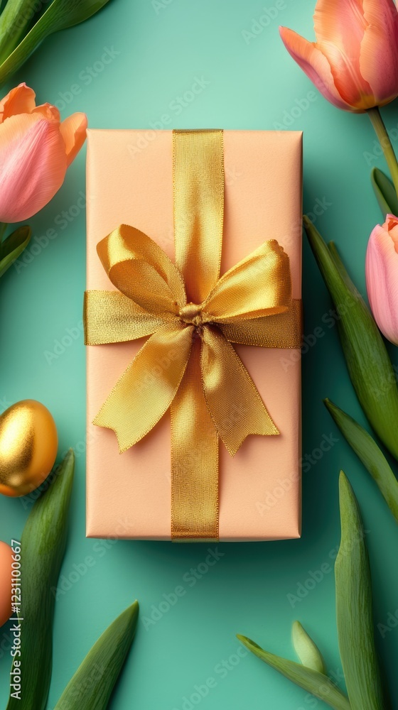 Fototapeta premium A beautifully wrapped gift box adorned with a shiny gold ribbon, accompanied by a decorative gold egg, symbolizing the joy of Easter celebrations.