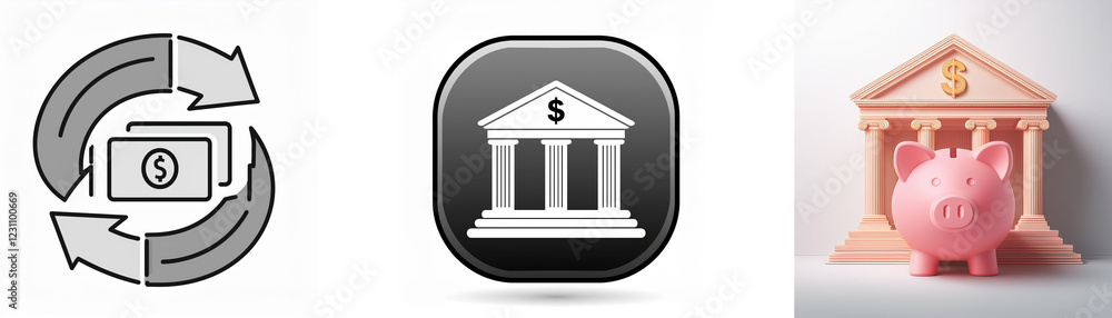 Circular arrows around a bank icon symbolize financial transactions. A piggy bank sits within a stylized bank building, representing savings. Circular arrows around a bank icon symbolize financial transactions. A piggy bank sits within a stylized bank building, representing savings.