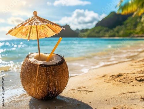 Wallpaper Mural Refreshing Coconut Drink on Tropical Beach with Sunlight and Waves Torontodigital.ca