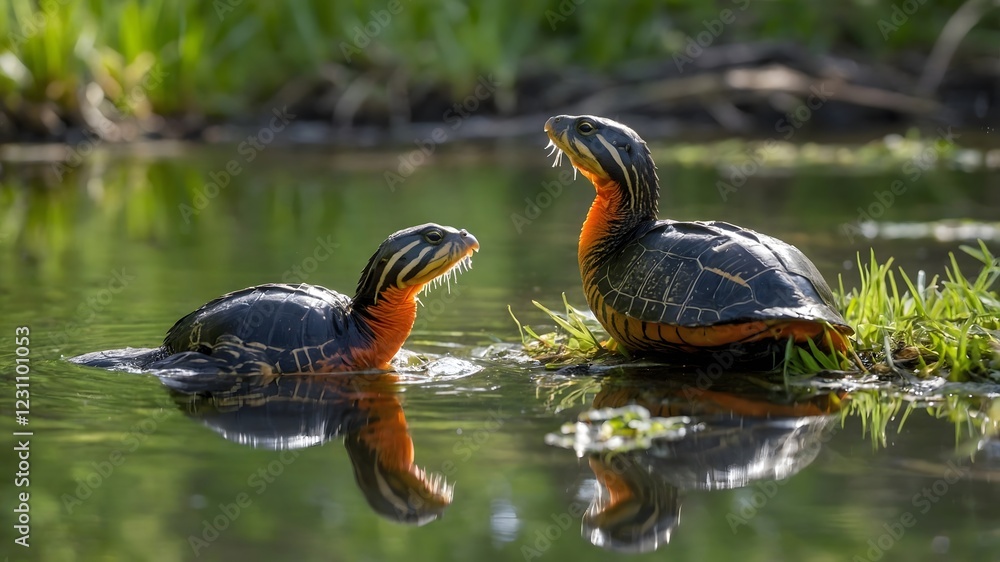 Obraz premium Golden Rays: Alabama Red-Bellied Cooters Enjoying the Riverbank
