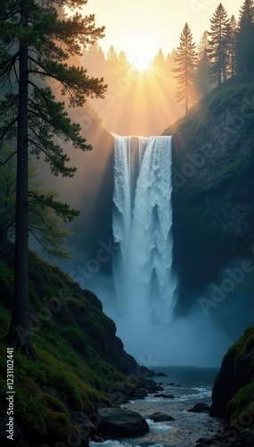 Misty morning veil rises over the Kamianka Waterfall as sunlight peeks through the trees, mist, atmosphere, forest photo