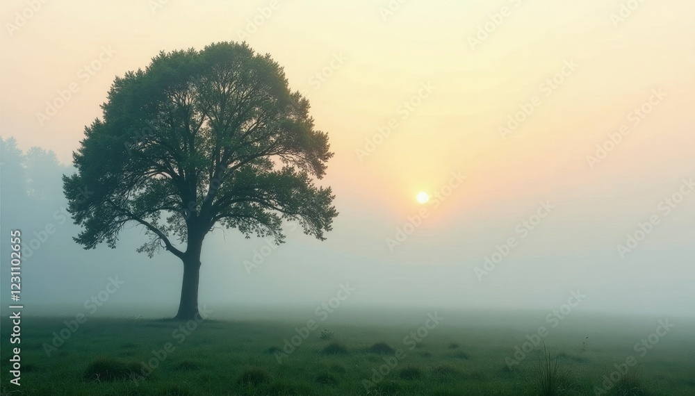 Morning mist wraps around lone tree's slender trunk and branches, morning, foliage, tree Morning mist wraps around lone tree's slender trunk and branches, morning, foliage, tree