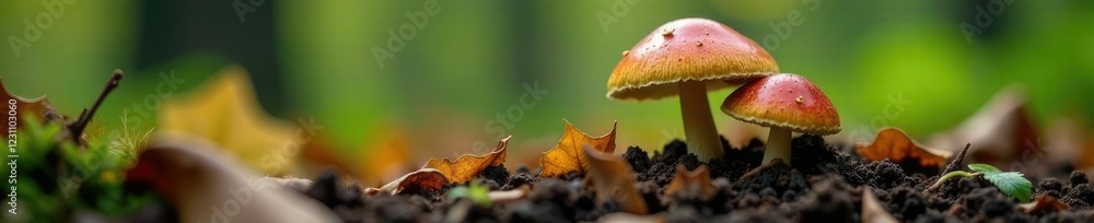 Mushrooms sprouting from the forest floor with leaves, decay, seasons