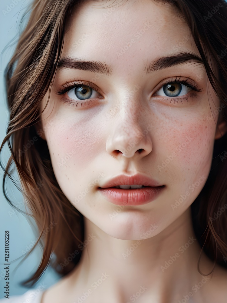 A close-up portrait of a young woman with a soft expression set against a plain light blue background A close-up portrait of a young woman with a soft expression set against a plain light blue background