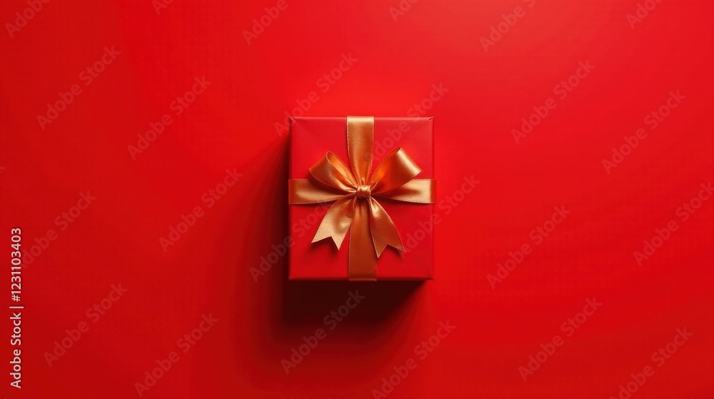 A single red gift box with a gold ribbon bow sits on a vibrant red background, perfect for celebratory occasions. A single red gift box with a gold ribbon bow sits on a vibrant red background, perfect for celebratory occasions.