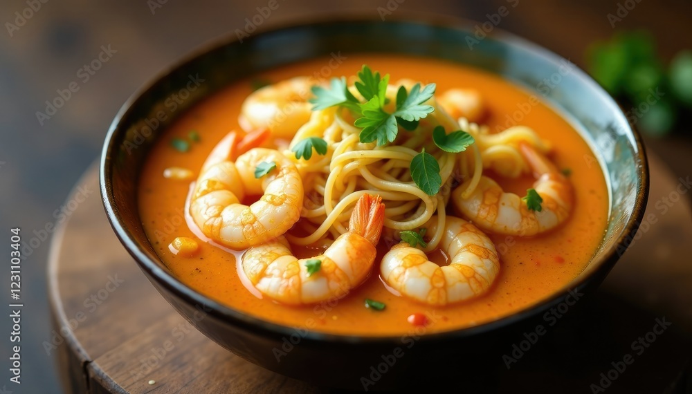 Sizzling seafood noodle soup with shrimp in a rich curry broth, noodles, curry broth, Sizzling seafood noodle soup with shrimp in a rich curry broth, noodles, curry broth,
