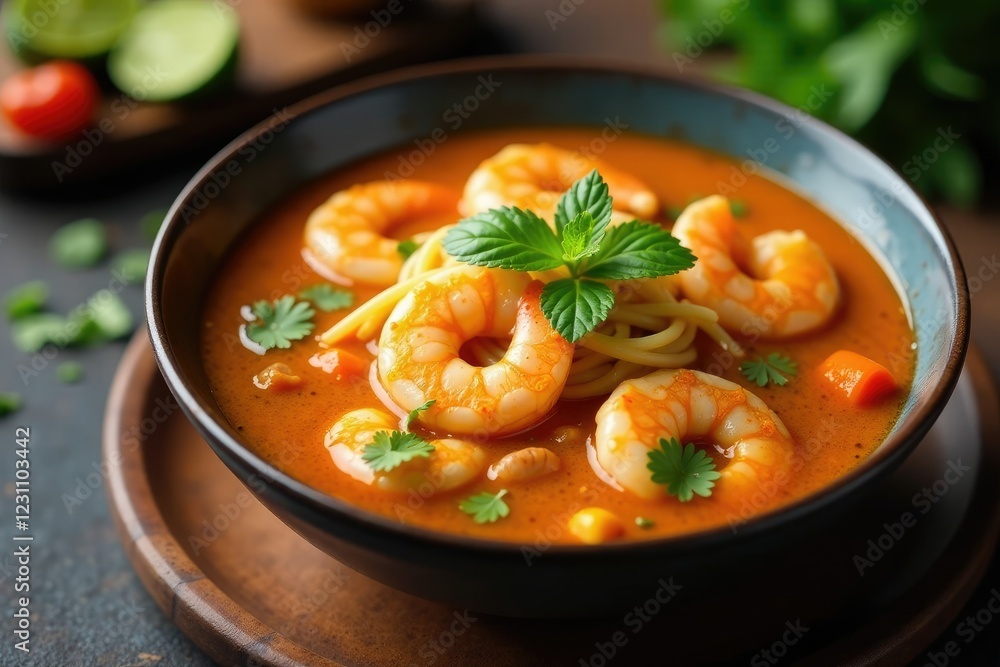 Sizzling seafood noodle soup with shrimp in a rich curry broth, shrimp, Sizzling seafood noodle soup with shrimp in a rich curry broth, shrimp,