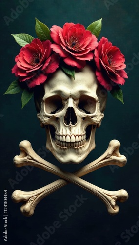 Skull and crossbones with a garland of dead flowers, skulls, deadflowers photo