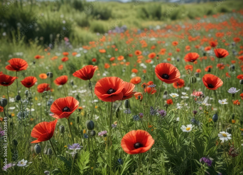 Red poppy blooms with other wildflowers in a meadow, wildflower field, clear blue sky, rural landscape Red poppy blooms with other wildflowers in a meadow, wildflower field, clear blue sky, rural landscape