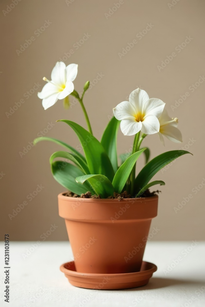 Small terracotta pot with delicate white flowers, greenery, botanical, flower Small terracotta pot with delicate white flowers, greenery, botanical, flower