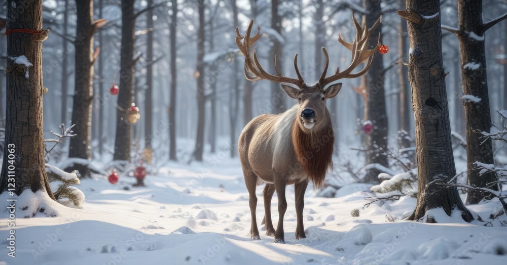 Reindeer in the snowy forest with Christmas decorations, winter wonderland, merry atmosphere, christmas decorations Reindeer in the snowy forest with Christmas decorations, winter wonderland, merry atmosphere, christmas decorations