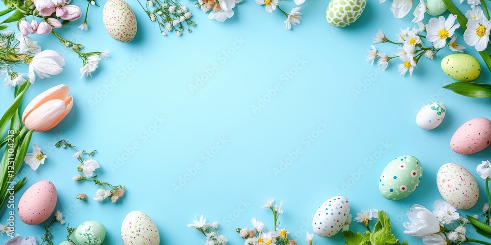 custom made wallpaper toronto digitalA vibrant blue backdrop showcases a delightful arrangement of colorful flowers and decorative Easter eggs, capturing the essence of spring festivities.