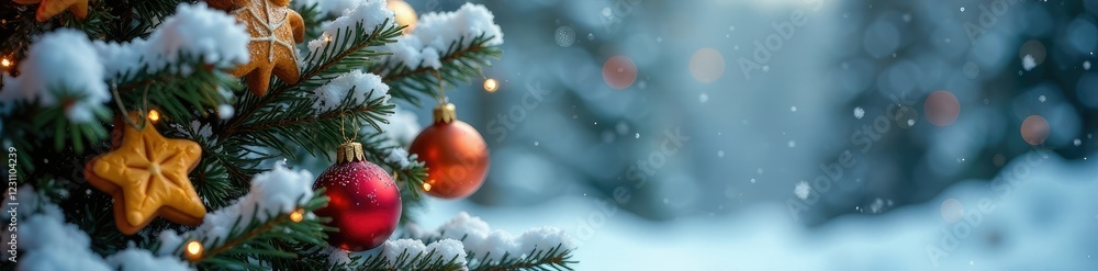 Snow-covered Christmas tree with cookies and ornaments on branches, decorations, christmas tree, winter Snow-covered Christmas tree with cookies and ornaments on branches, decorations, christmas tree, winter