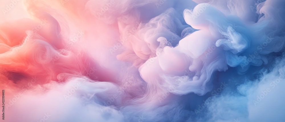 Fototapeta premium An abstract pastel background with soft clouds and swirling smoke in soothing shades of pink, blue, and purple, creating a tranquil atmosphere with plenty of space for custom text or design elements. 