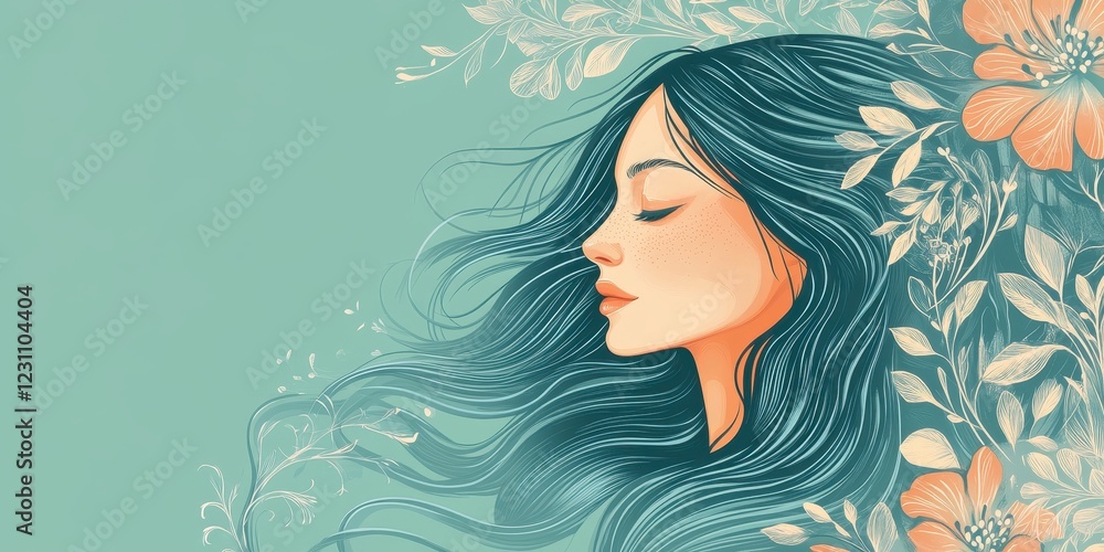 Serene Woman Profile Adorned With Flowing Hair and Flowers Serene Woman Profile Adorned With Flowing Hair and Flowers