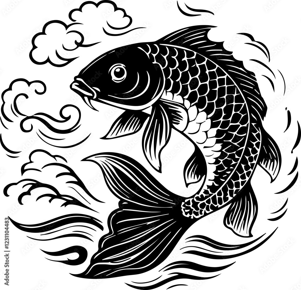 Vector Illustration of Koi Fish with Clouds and Water Elements for tattoo Vector Illustration of Koi Fish with Clouds and Water Elements for tattoo