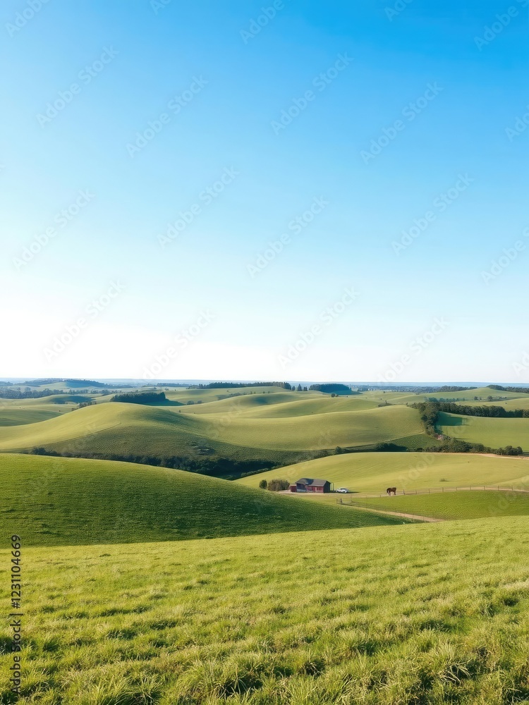 Obraz premium Rolling hills and lush green pastures of a Kentucky horse farm under a clear blue sky, Kentucky, horizon