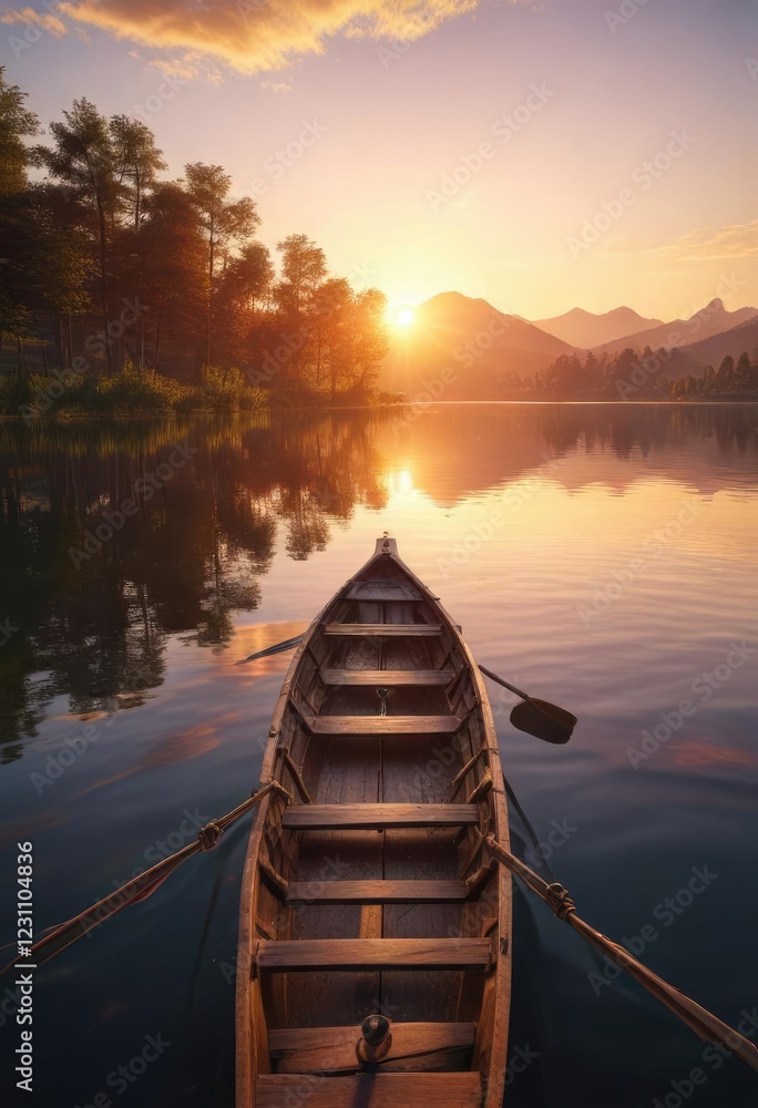 Fototapeta premium Rowing boat in a calm lake at sunset with the sun's last rays, sailing, sunset