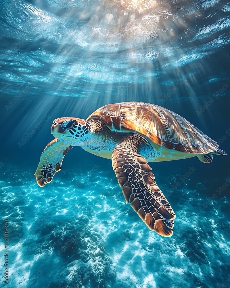 Obraz premium A majestic sea turtle gliding through crystal-clear blue waters, with sunlight filtering down from the surface