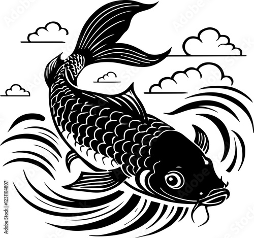 Vector Illustration of Koi Fish with Clouds and Water Elements for tattoo