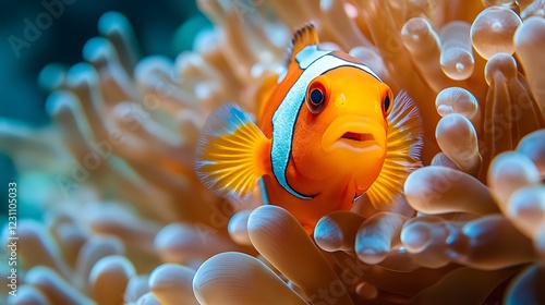 A vibrant clownfish swimming among the swaying tentacles of a sea anemone, captured in a close-up underwater shot photo