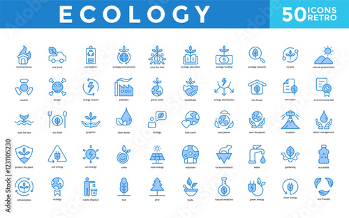 Ecology icon set with burning house, eco truck, eco battery, ecology environment, save the tree, ecology education, ecology funding, ecology research, recycle icon. Simple retro vector 
