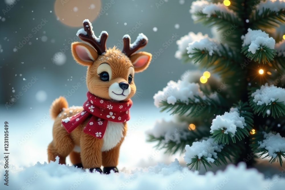 Tiny reindeer in floral scarf beside snow-covered Christmas tree, Reindeer, Snow Tiny reindeer in floral scarf beside snow-covered Christmas tree, Reindeer, Snow
