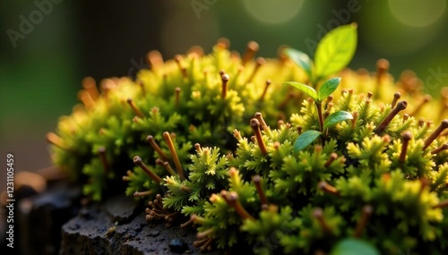 Saturated peat moss with tiny twigs and leaves, brown color palette, foliage