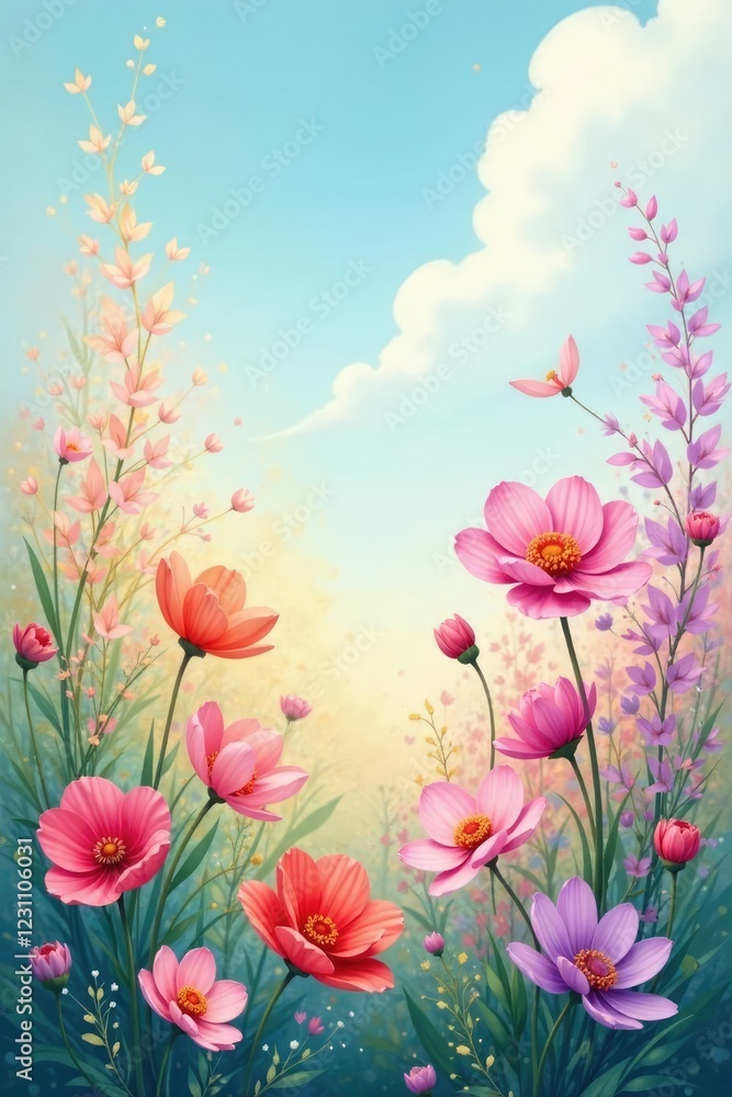 Abstract flowers in a dreamy landscape with soft colors, serene, watercolor Abstract flowers in a dreamy landscape with soft colors, serene, watercolor