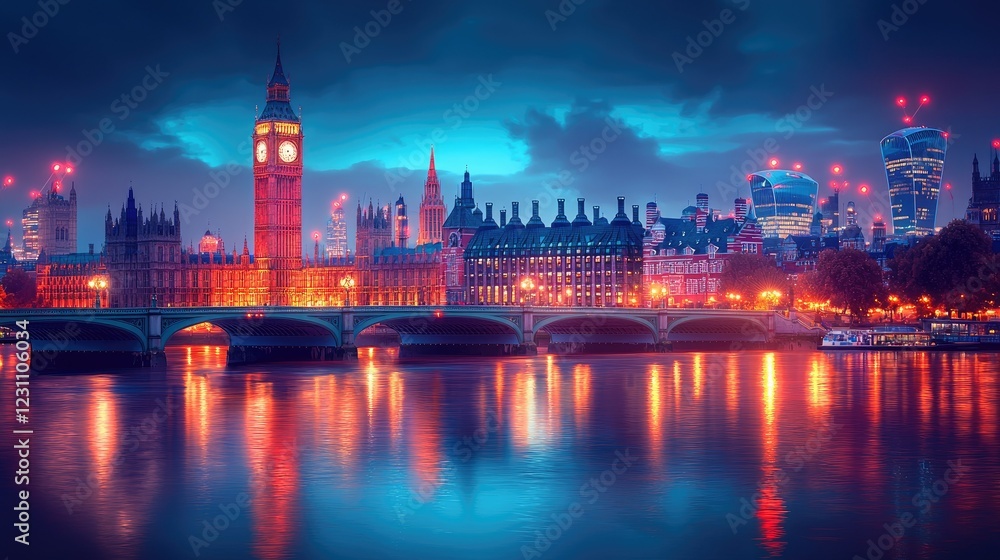 Obraz premium London Cityscape Night View Big Ben Illuminated